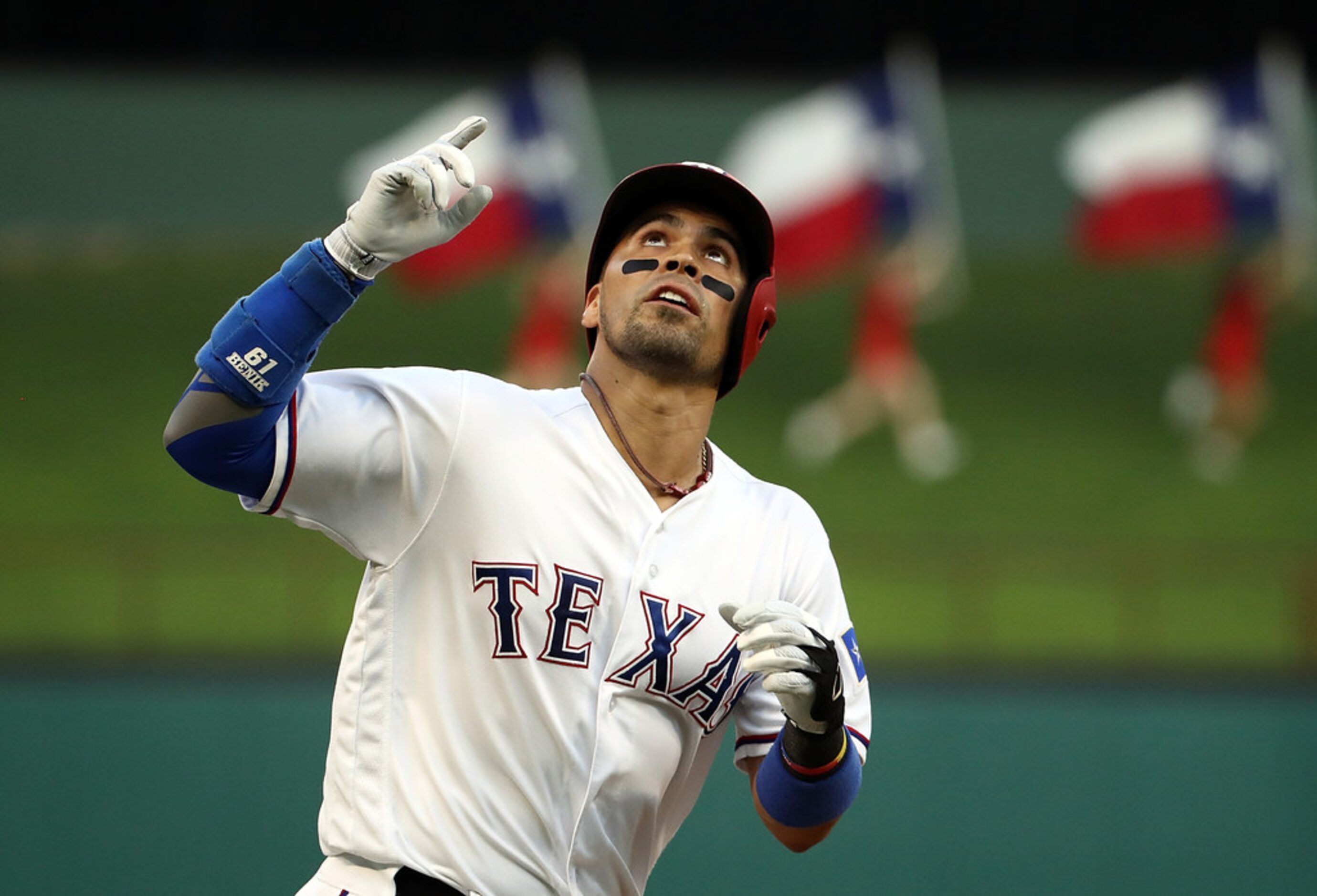 ARLINGTON, TX - JULY 25:  Robinson Chirinos #61 of the Texas Rangers celebrates after...