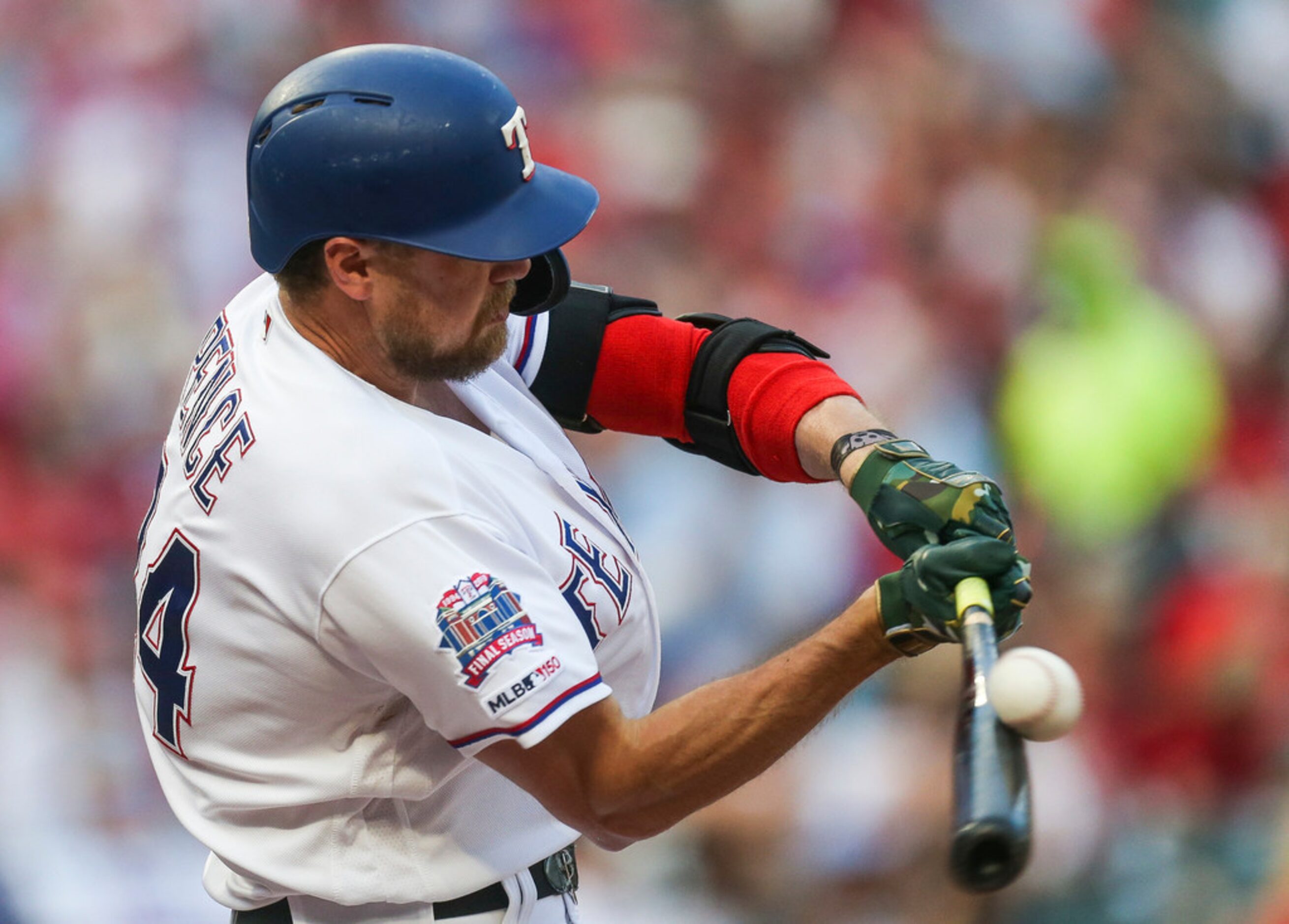 Texas Rangers designated hitter Hunter Pence (24) hits a foul during the bottom of the first...