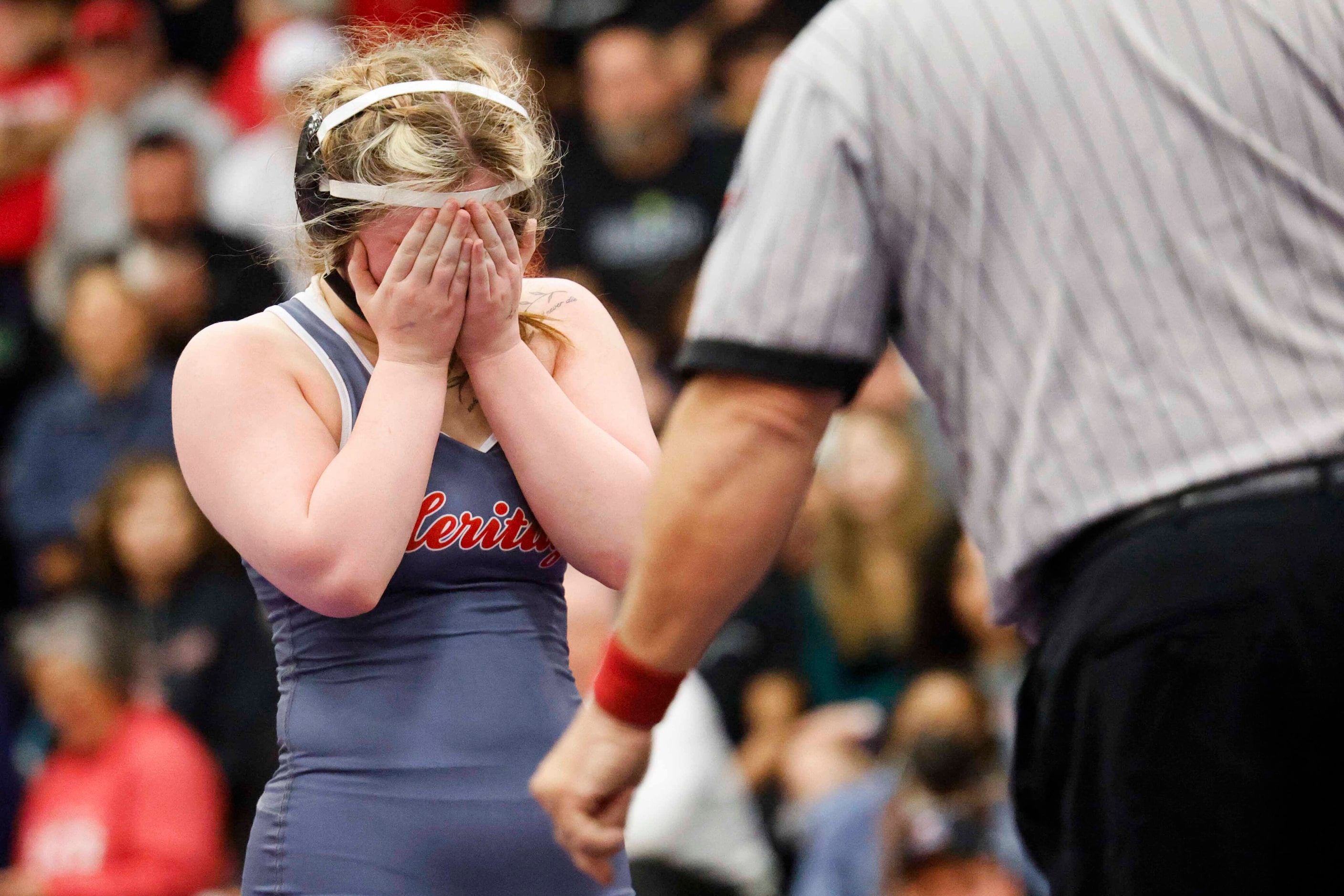 Eve Smith of Midlothian Heritage gets emotional over her win against Layla Asana of Frisco...