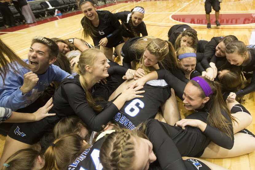 Lewisville Hebron celebrates after their 3-1 6A state championship victory over Fort Bend...