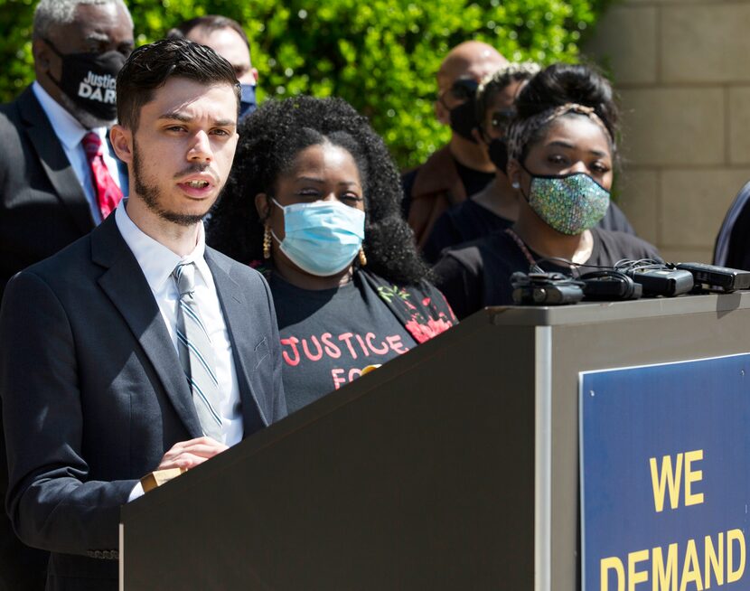 Civil rights attorney Blerim Elmazi speaks at a press conference held by the Collin County...