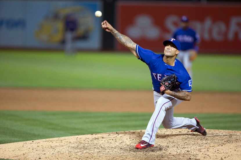 May 17, 2016; Oakland, CA, USA; Texas Rangers relief pitcher Matt Bush (51) delivers a pitch...