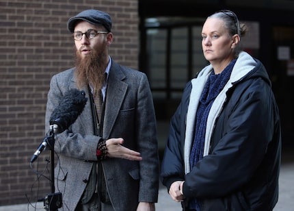 Rev. Dr. Jeff Hood and Nicole Hutcheson, wife of Joseph Hutcheson, hold a press conference...