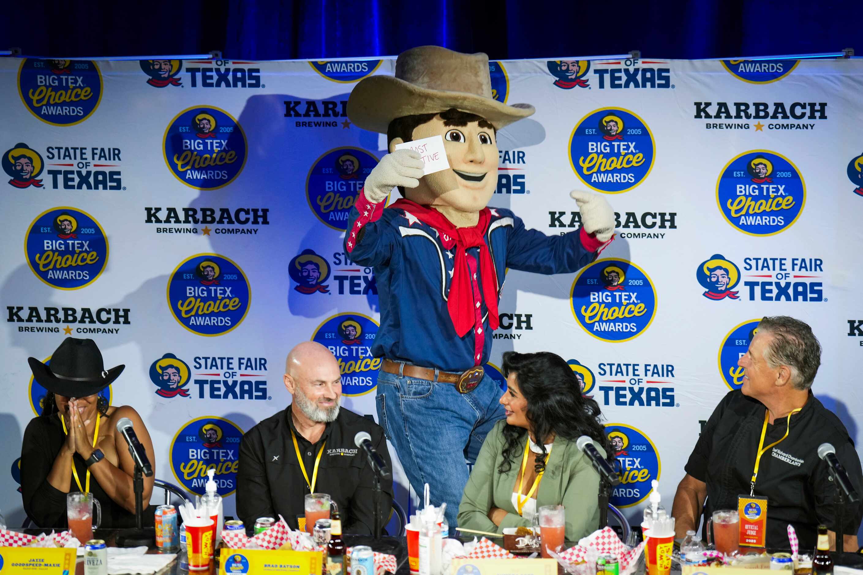 Mascot Little Big Tex delivers the winning judges tally at the 2023 Big Tex Choice Awards at...