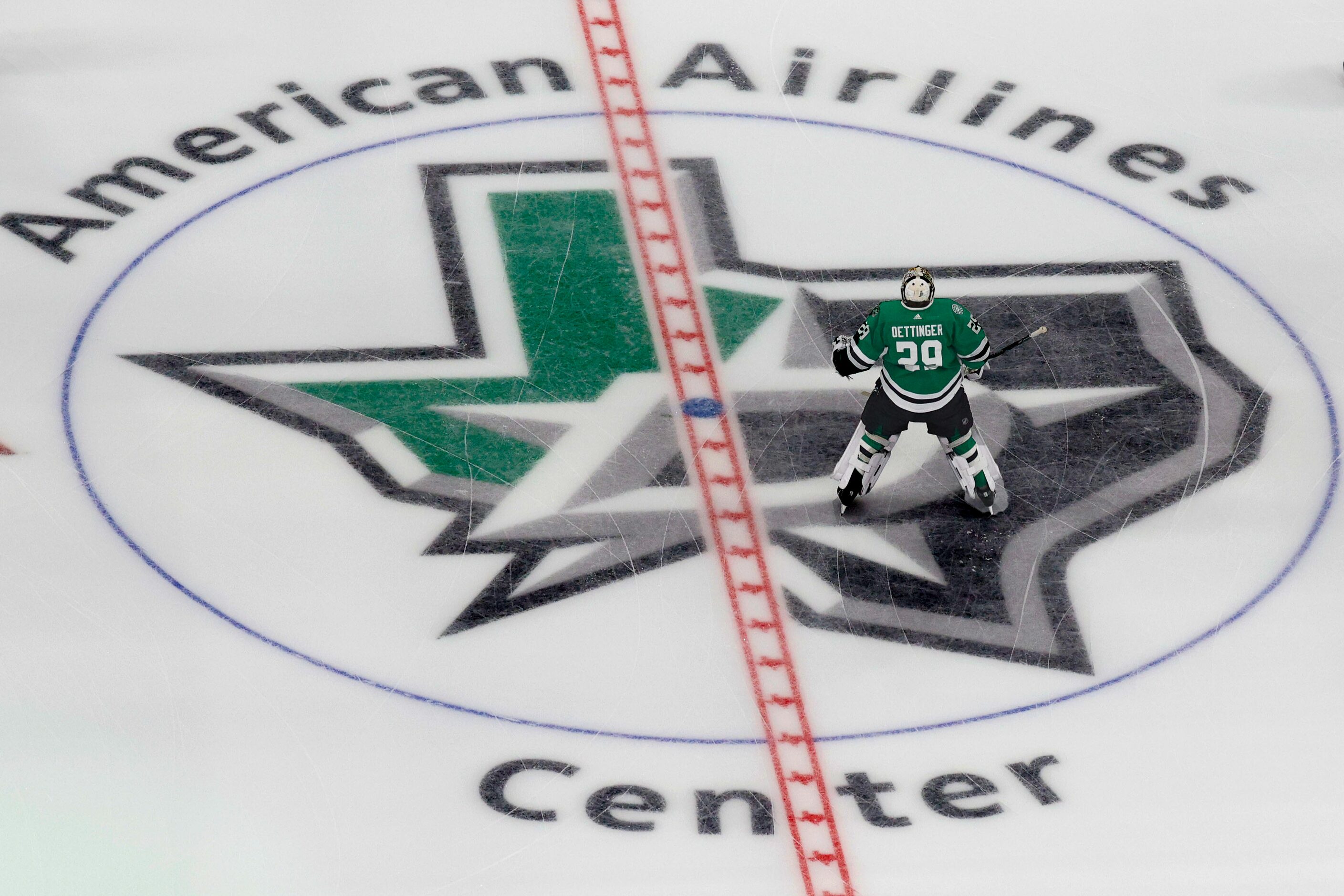 Dallas Stars goaltender Jake Oettinger (29) warms up before Game 2 of the NHL hockey Stanley...