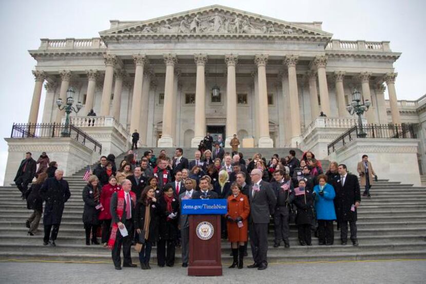 
House Democrats and immigration leaders spoke on the steps of the Capitol in Washington in...