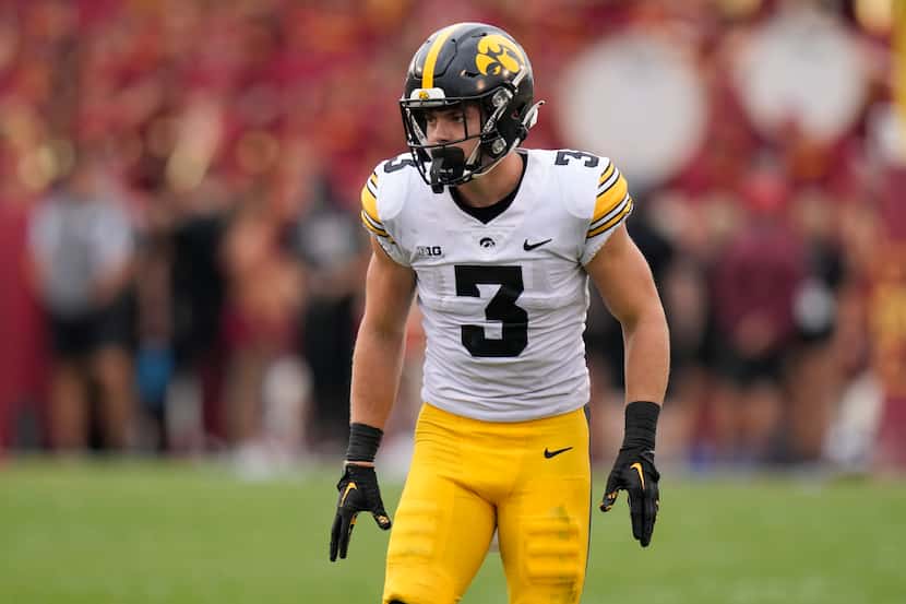 Iowa defensive back Cooper DeJean (3) gets set for a play during the second half of an NCAA...