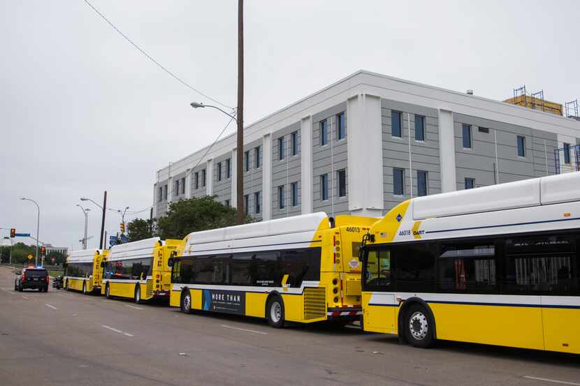 Dallas Area Rapid Transit buses lined up to take people away from Dallas Life homeless...