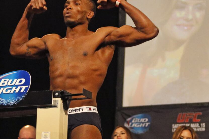 Welterweight Sean Spencer poses during UFC weigh-ins at Gilley's in Dallas for Saturday's...