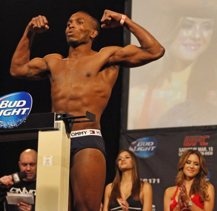 Welterweight Sean Spencer poses during UFC weigh-ins at Gilley's in Dallas for Saturday's...