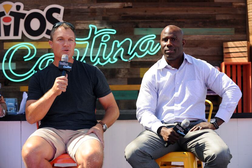 DENVER, CO - SEPTEMBER 8: John Lynch and Terrell Davis answer questions at the Tostitos...