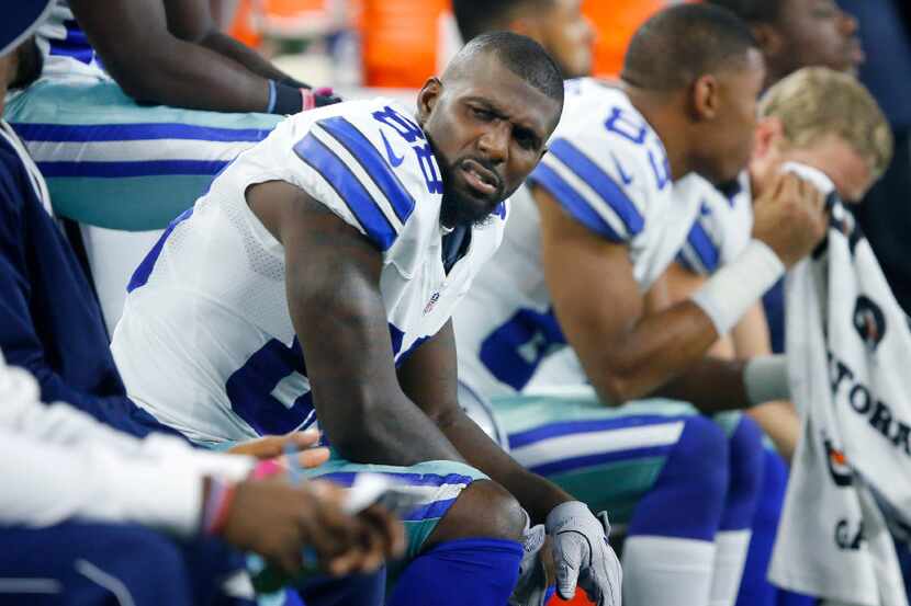 Dallas Cowboys wide receiver Dez Bryant (88) is pictured on the bench in the third quarter...
