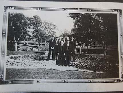 A Sunday school group poses at Finch Park in the 1940s with the band stand in the background...