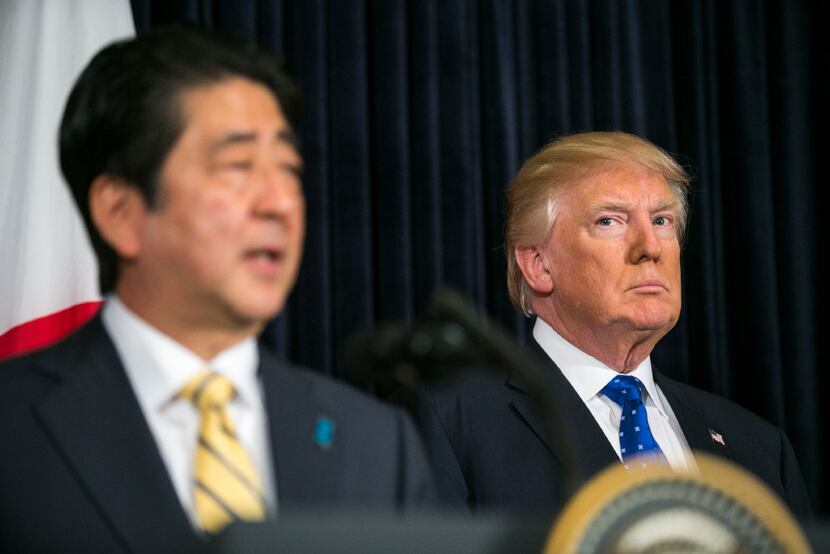 President Donald Trump and Japanese Prime Minister Shinzo Abe spoke at a news conference to...