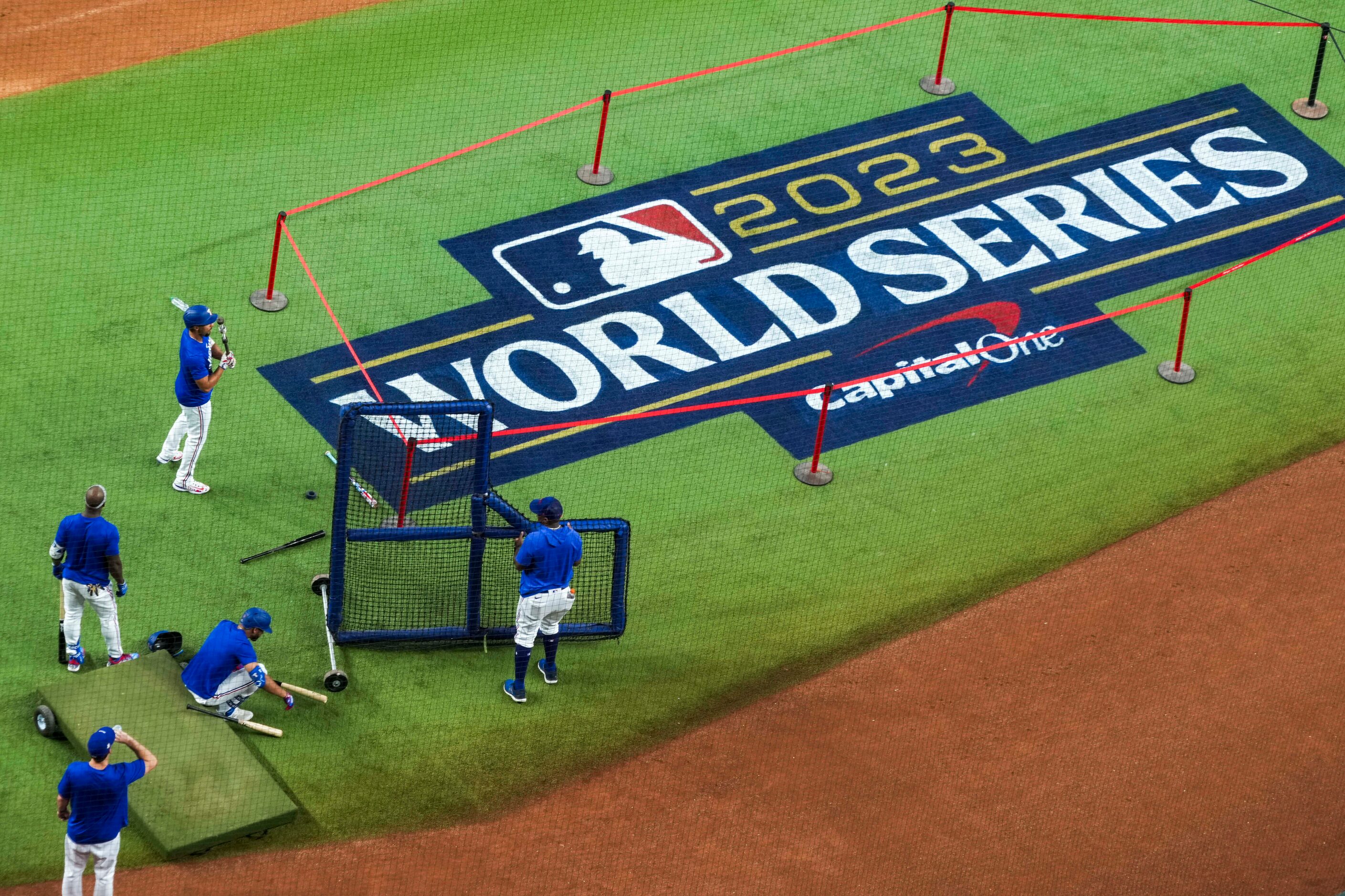 Texas Rangers players workout at Globe Life Field in preparation for the World Series on...