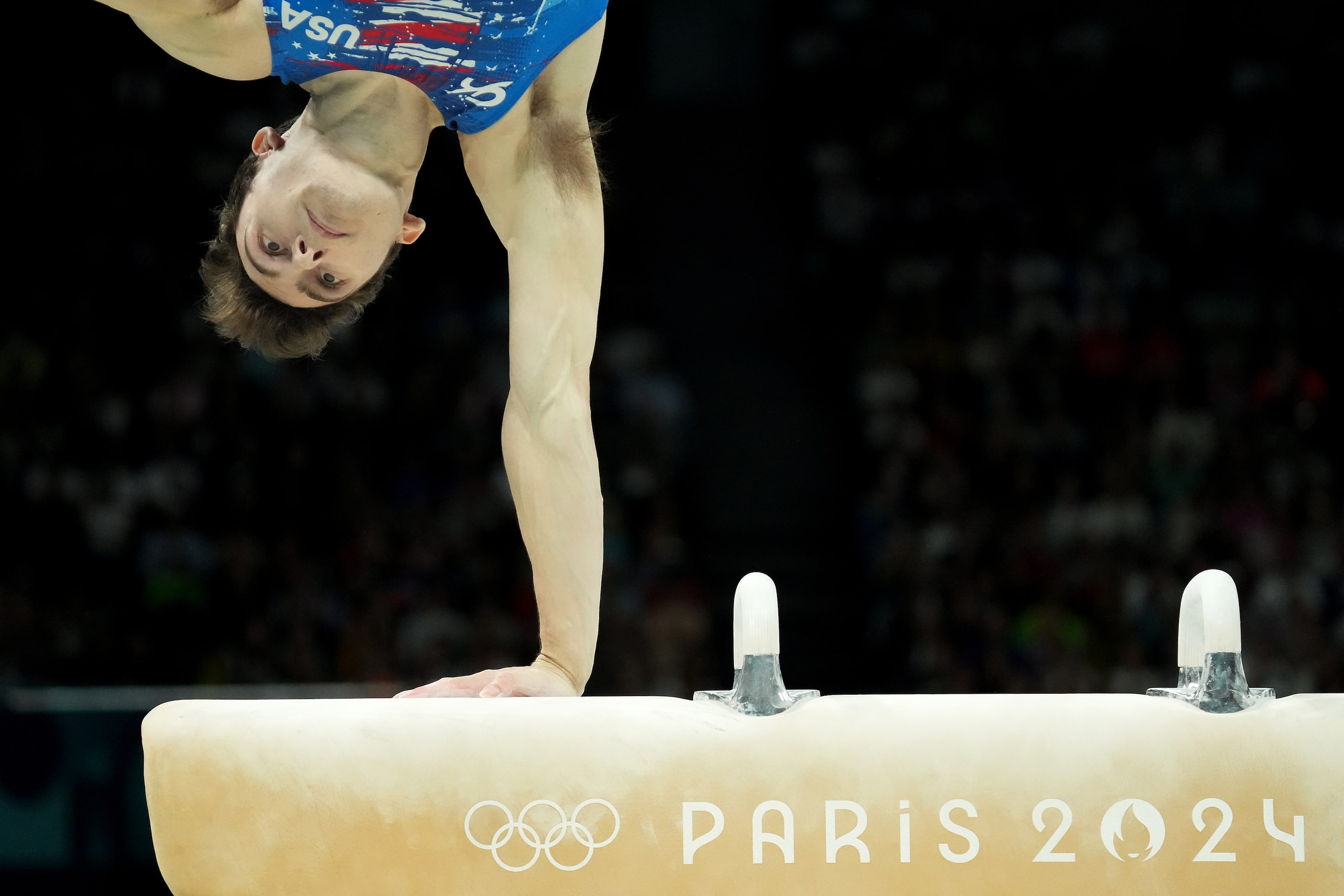 Stephen Nedoroscik of the United States competes on the pommel horse during men’s gymnastics...