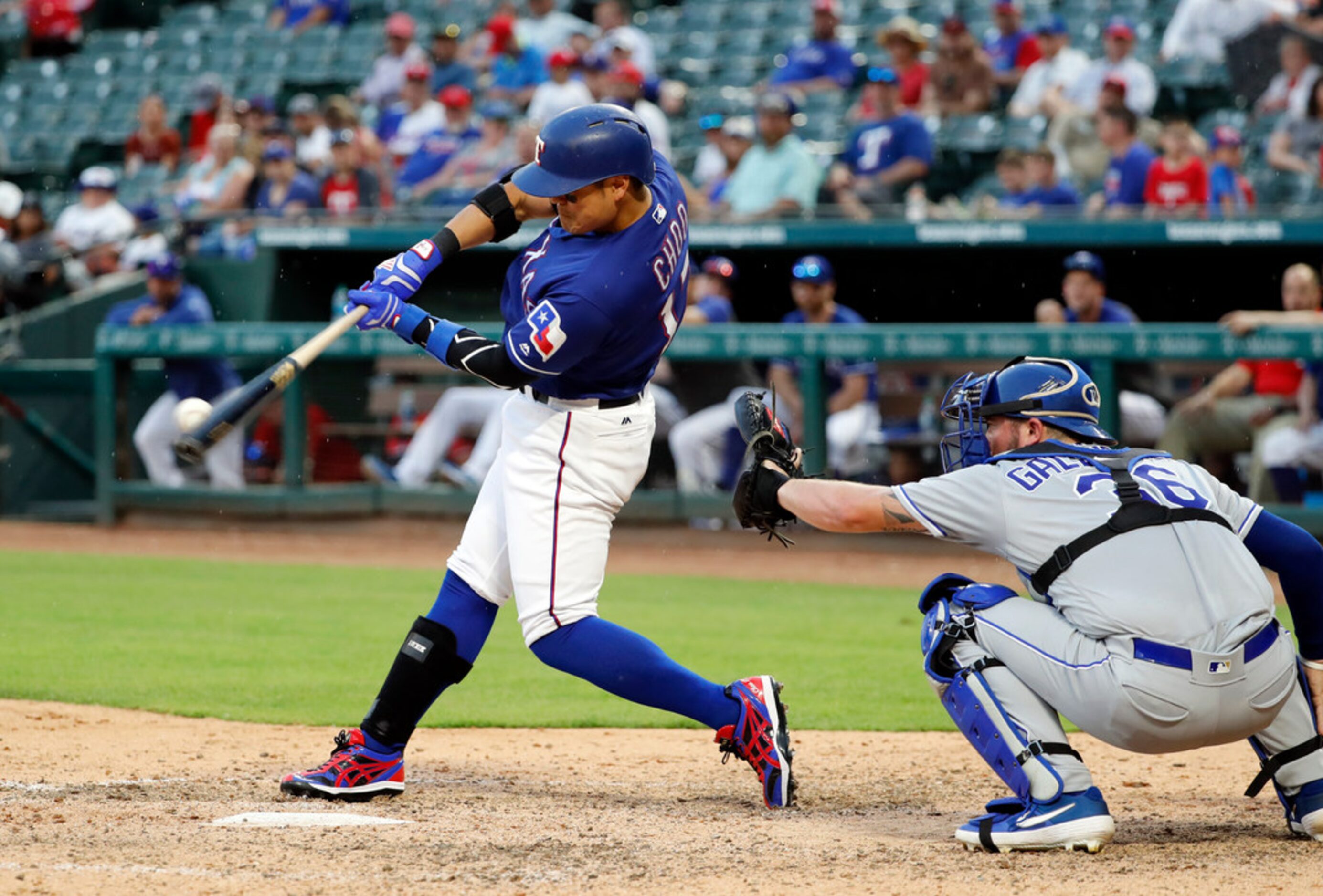 Texas Rangers' Shin-Soo Choo connects for a double off a pitch from Kansas City Royals'...