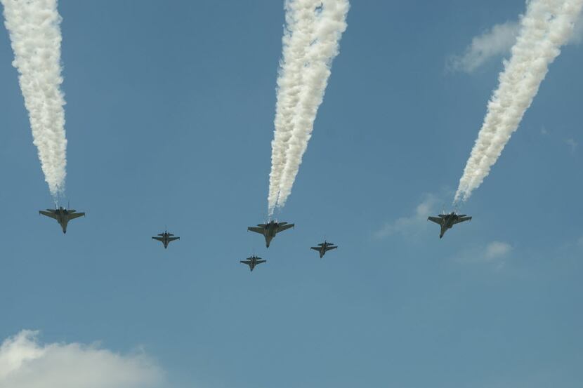 Indonesia's F16 fighter and Sukhoi jets perform a fly-by during the Indonesian Independence...