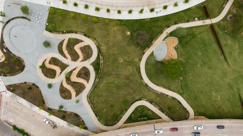 An aerial view looking straight down of Carpenter Park in Dallas, Friday, April 15, 2022. 