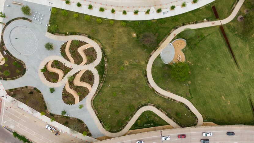 An aerial view looking straight down of Carpenter Park in Dallas, Friday, April 15, 2022. 