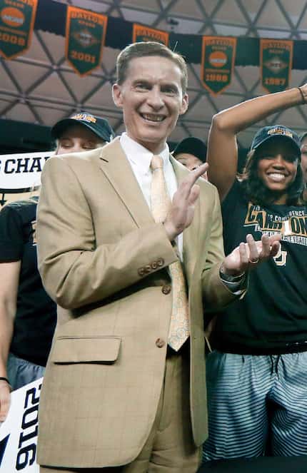 FILE - In this Feb. 29, 2016, file photo, Ian McCaw celebrates with the Baylor women's...