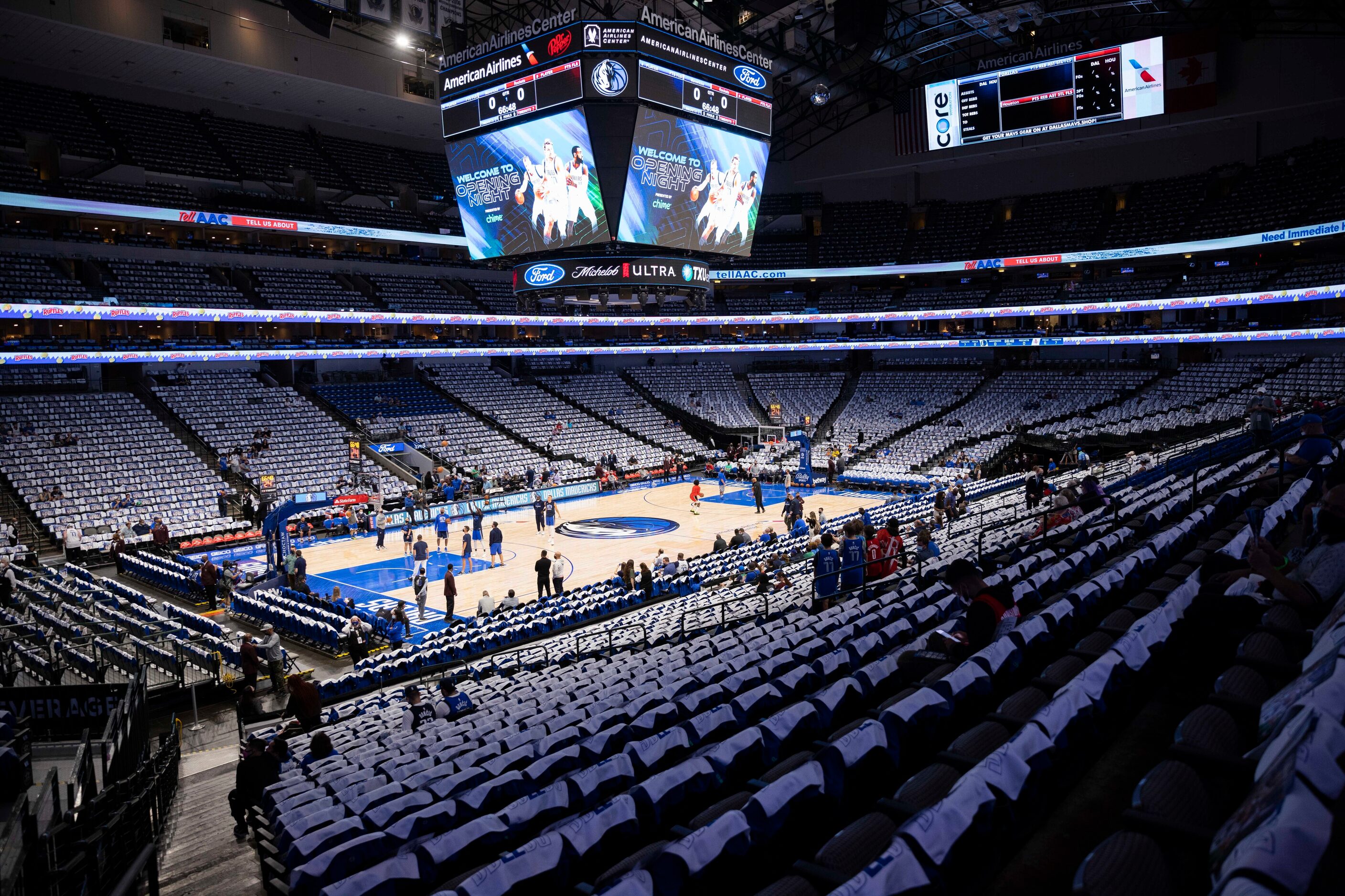 The stadium before the Dallas Mavericks home opener against the Houston Rockets on Tuesday,...