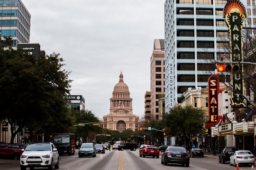The Texas state Capitol, as seen from the intersection of Congress Avenue and 7th Street.