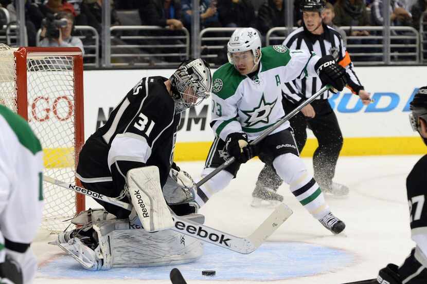 Los Angeles Kings goalie Martin Jones (31) makes a save off a shot by Dallas Stars left wing...
