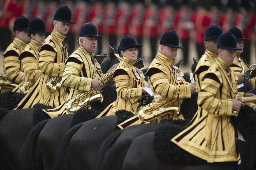 Members of The Mounted Band of the Household Cavalry perform on Horse Guards Parade during...
