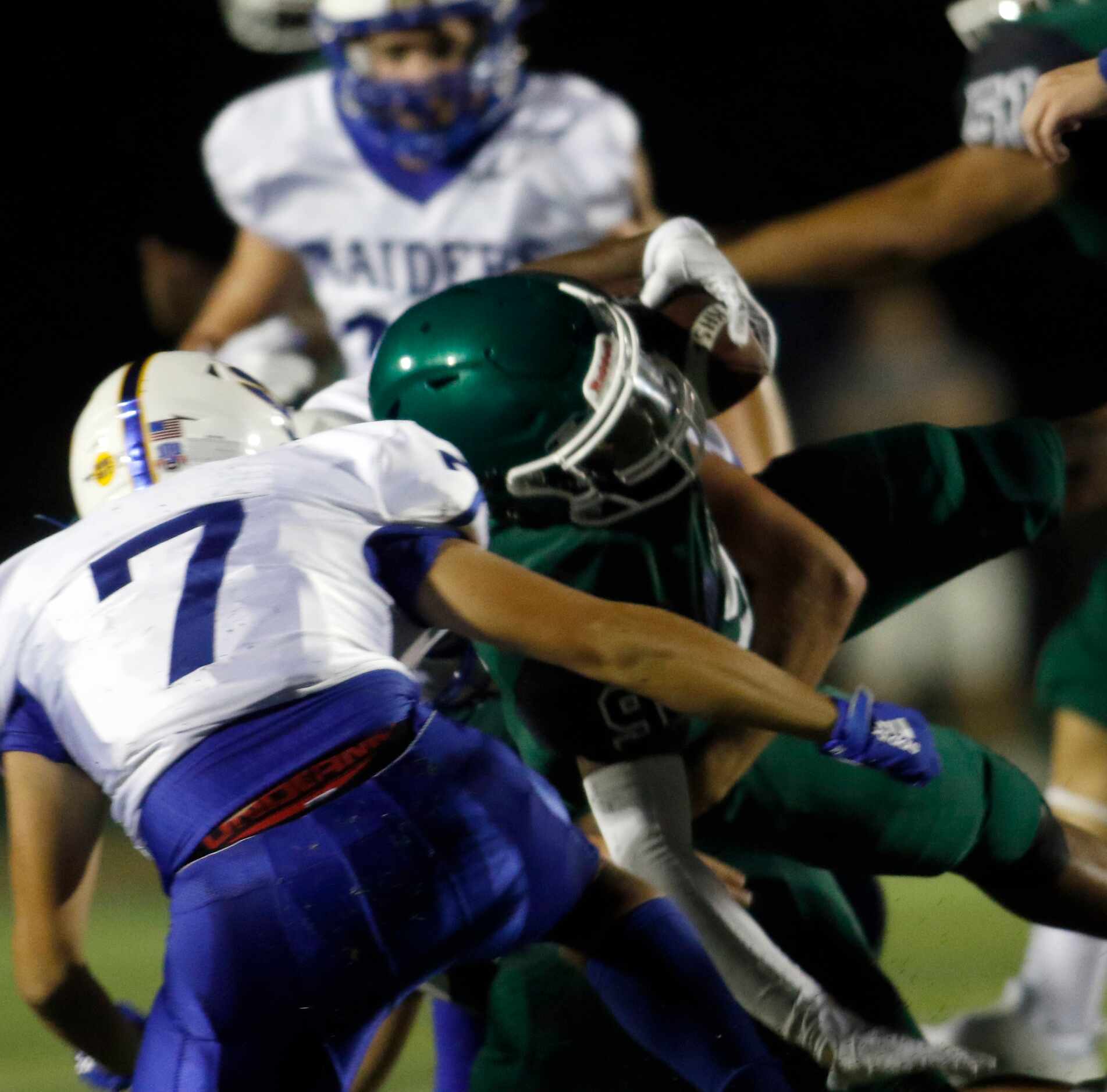 Kennedale running back Cameron Lyles (9) is upended by the Sunnyvale defense as defensive...