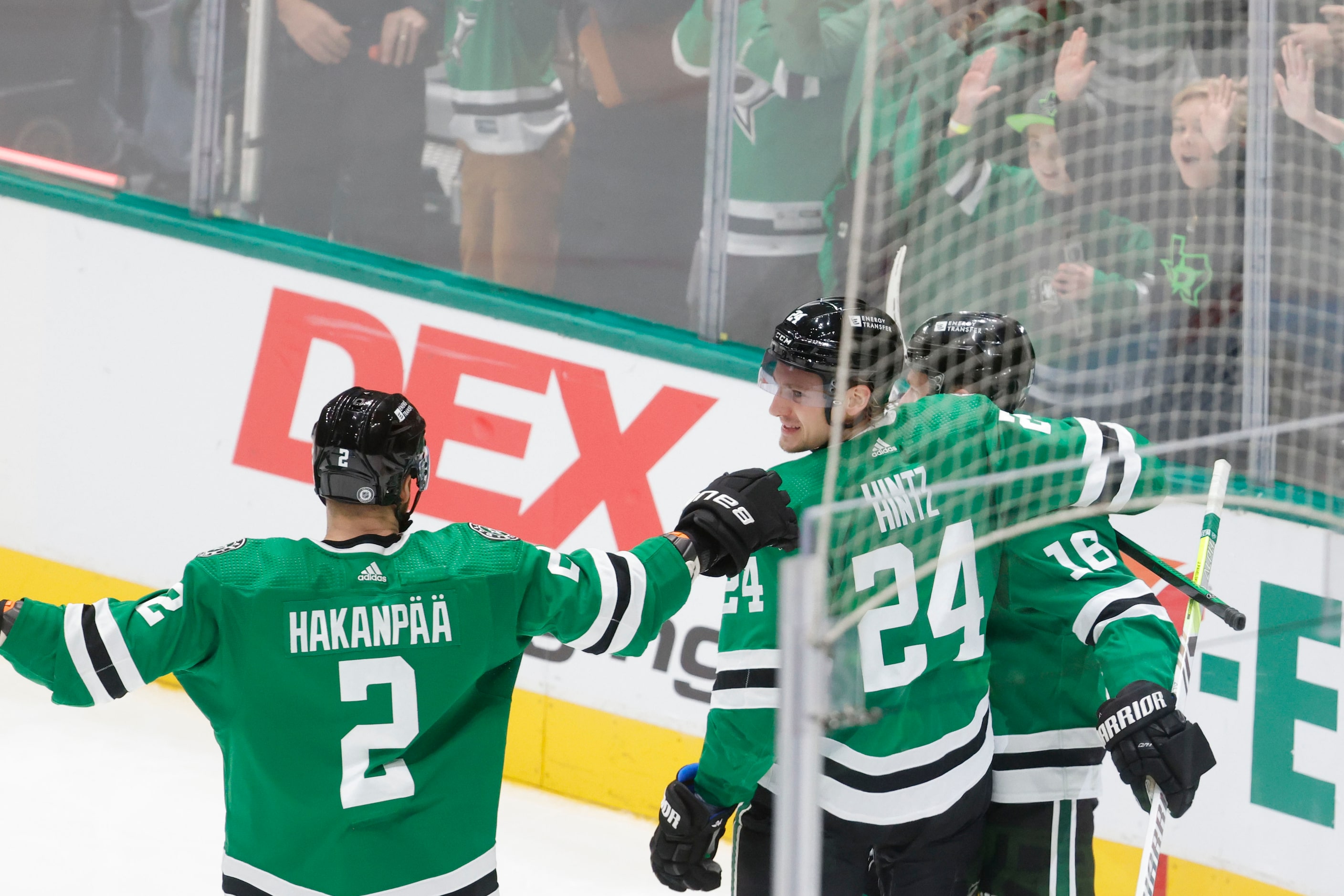 Dallas Stars center Roope Hintz (24) celebrate his goal with defenseman Jani Hakanpaa (2)...