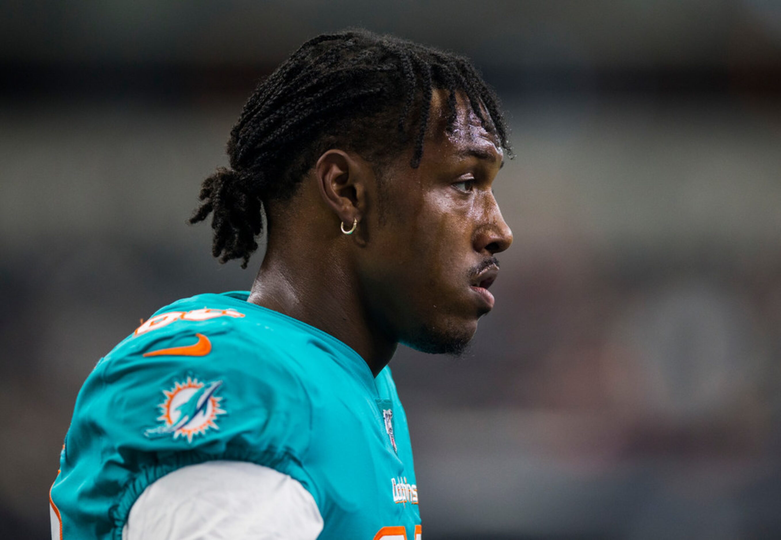 Miami Dolphins defensive end Taco Charlton (96) warms up before an NFL game between the...