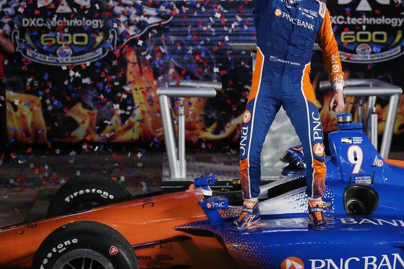 Driver Scott Dixon #9 celebrates after winning the DXC Technology 600 IndyCar Racing Series...