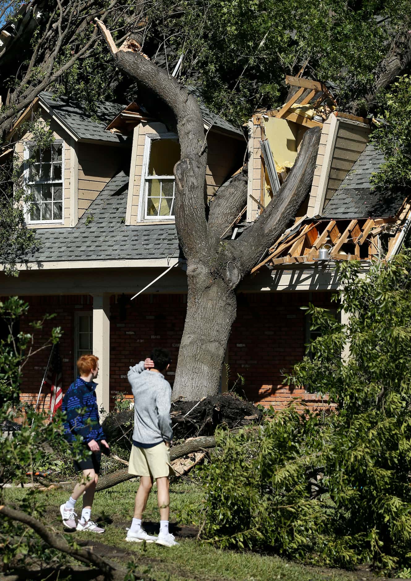 Liam Gault (left) and Ryan Hussain look back at a large tree that crushed a home on...