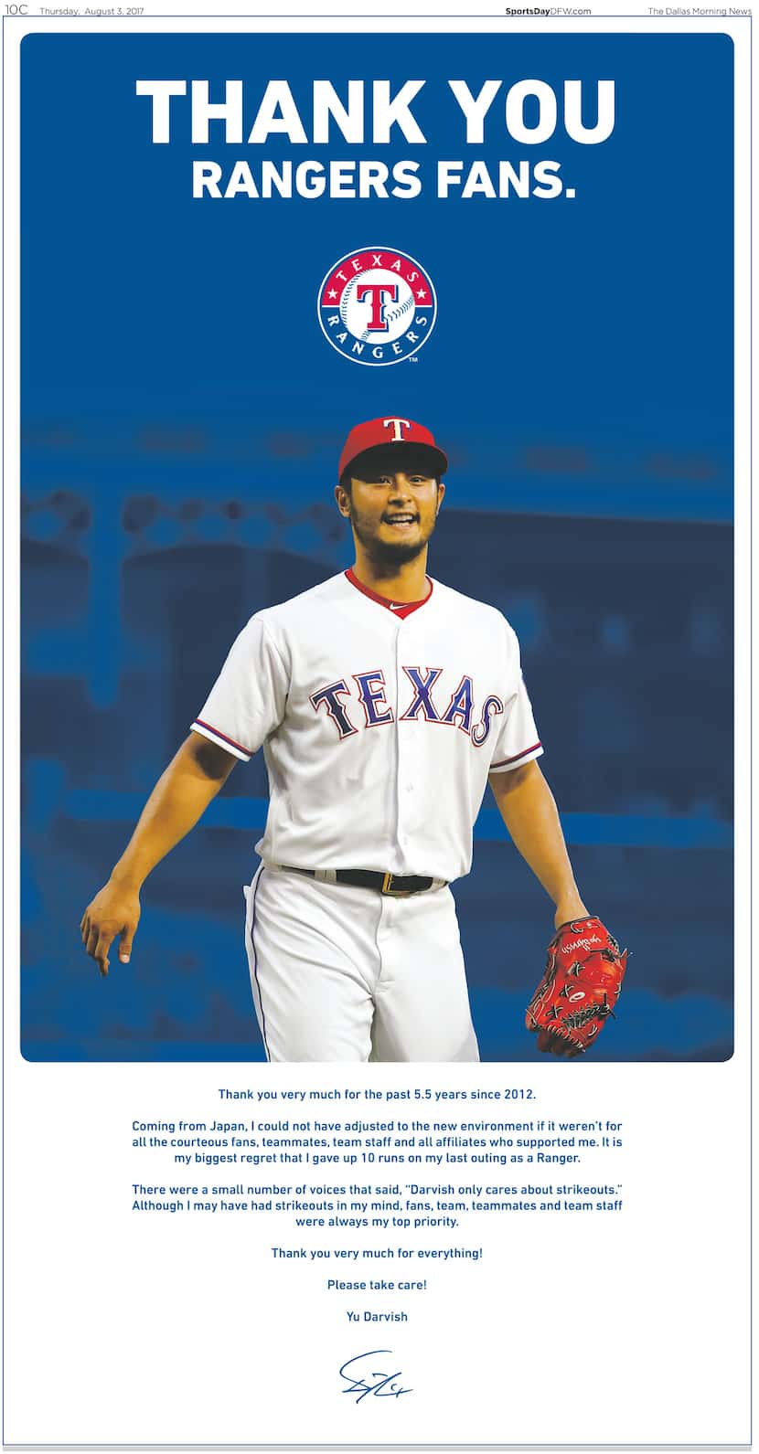 Yu Darvish ad in the Thursday Aug. 3 edition of The Dallas Morning News