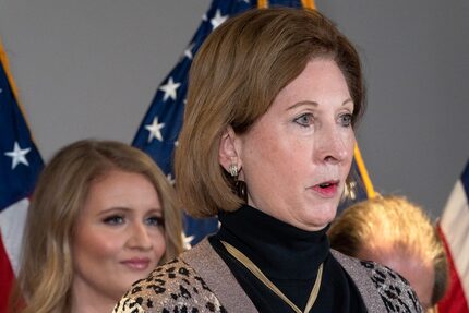 Sidney Powell, a lawyer for President Donald Trump, speaks during a news conference at the...