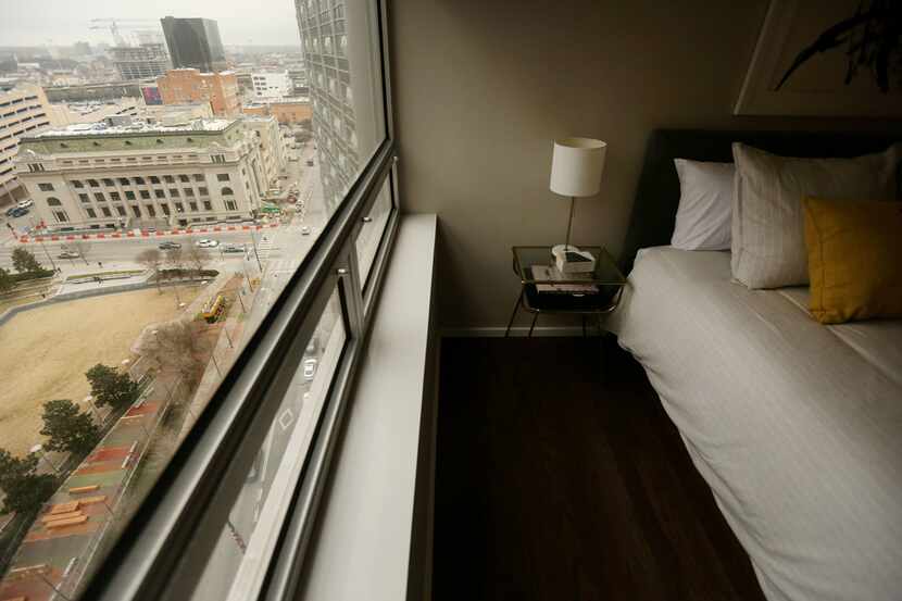 A view of the Dallas Municipal Building, Main Street Garden Park and Main Street from inside...