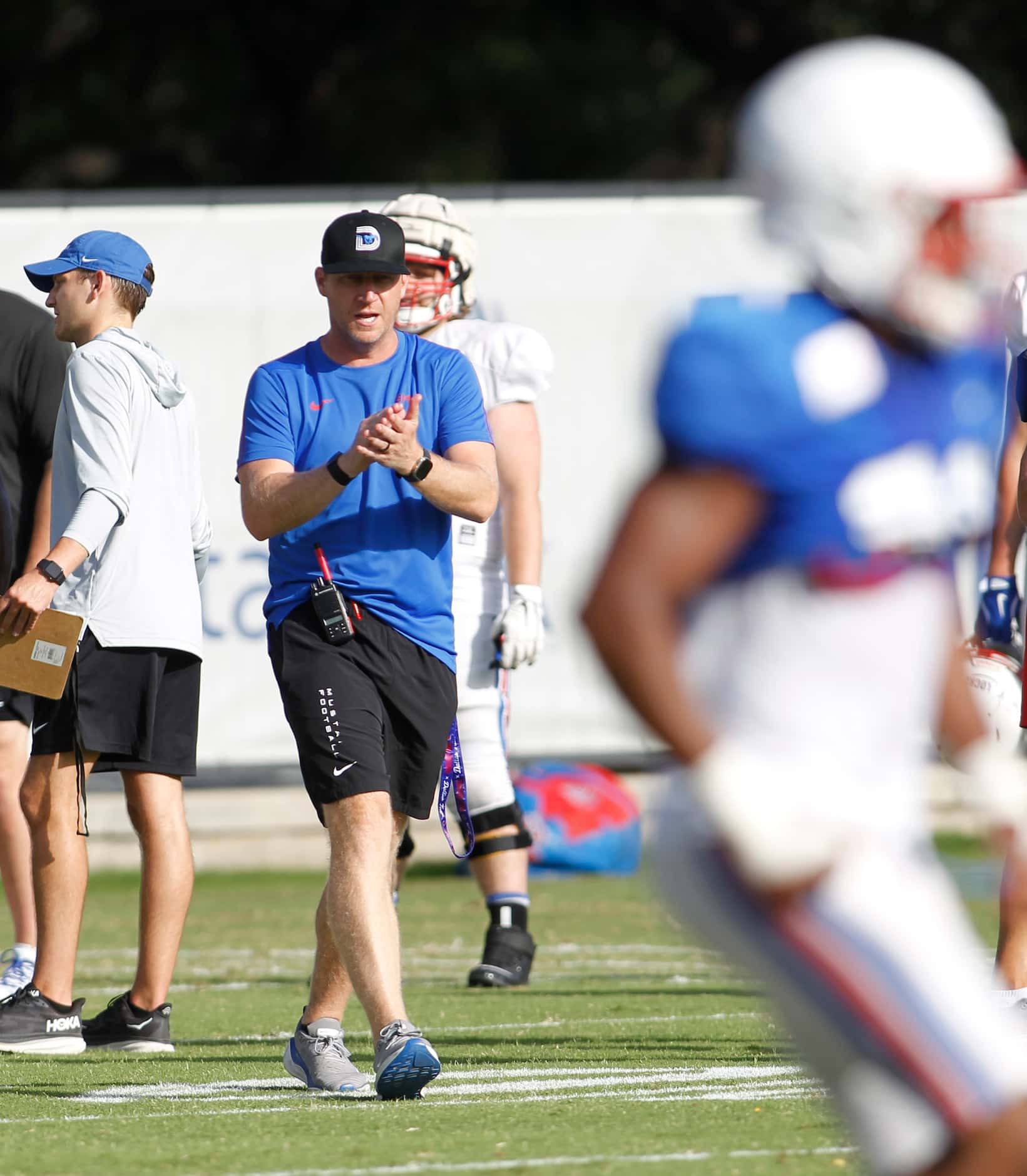 SMU Mustangs head football coach Rhett Lashlee applauds the effort of his players during a...