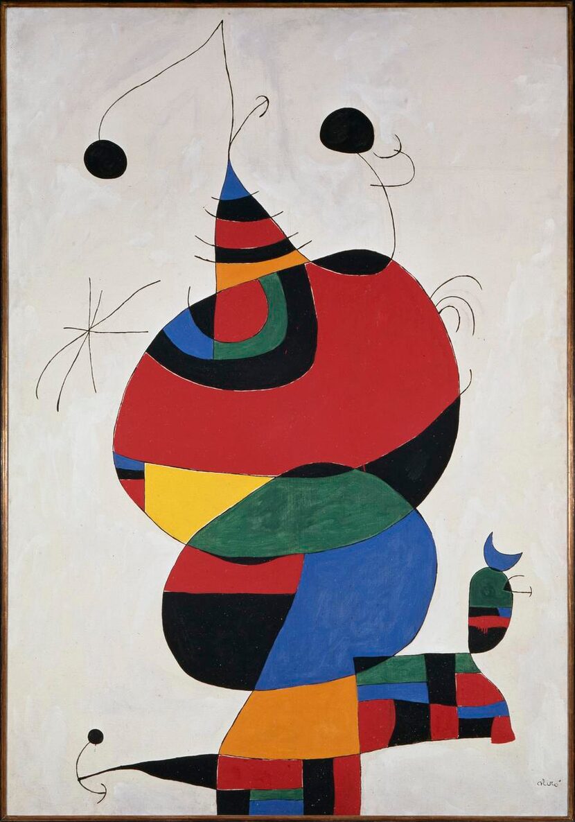 
"Woman, Bird, and Star" (Homage to Pablo Picasso), oil pant on canvas by artist Joan Miro,...