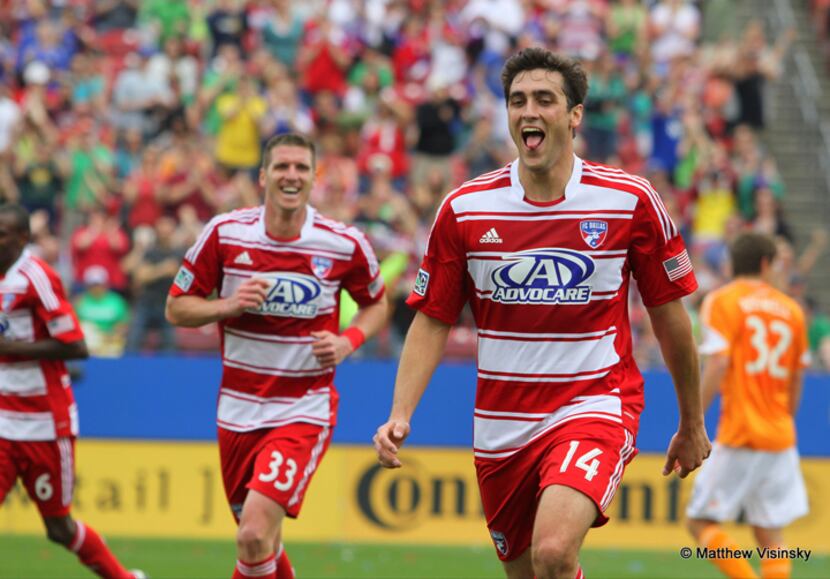 17 March 2013 - FC Dallas defender George John (#14) celebrates his first half goal during...