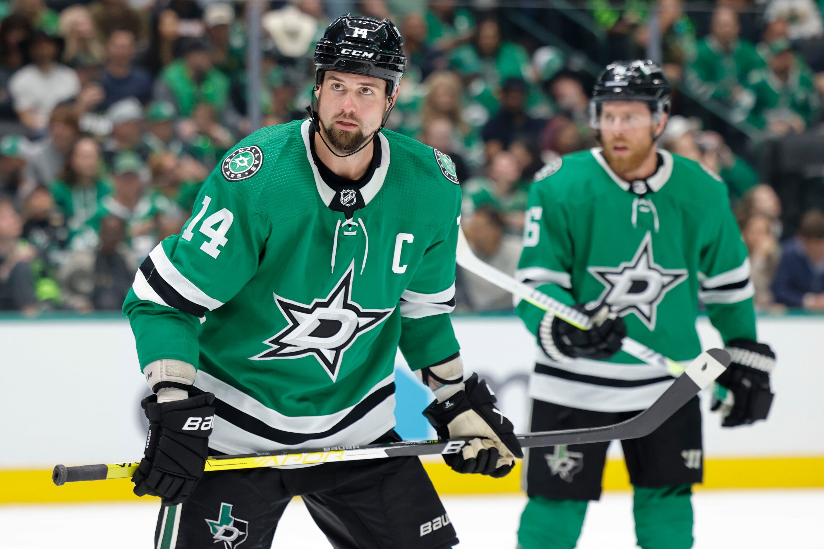 Dallas Stars left wing Jamie Benn (14) during the during period of an NHL hockey game on,...