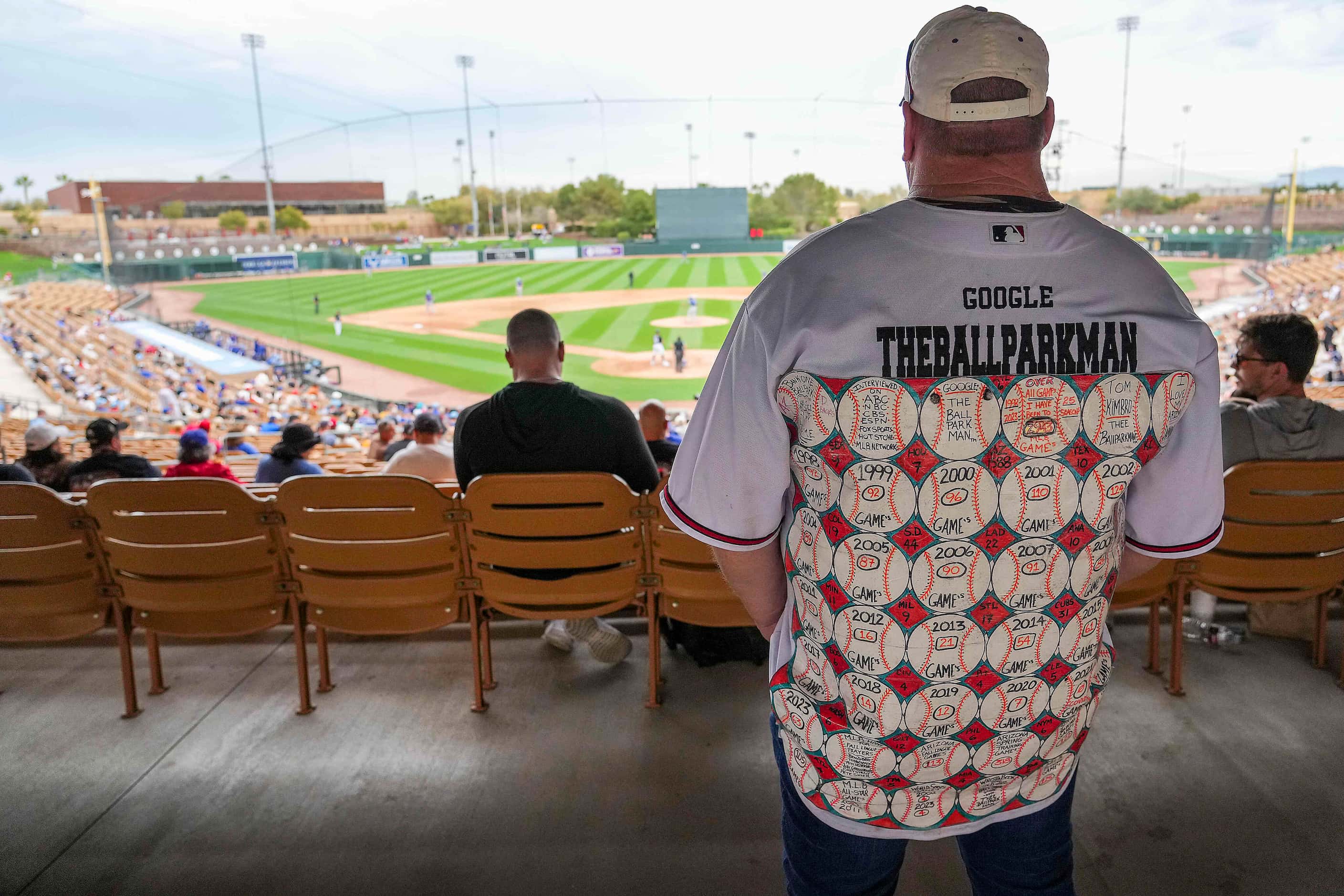 Fan Tom Kimbro wears a jersey marking off all of the MLB ballparks he has visited as he...