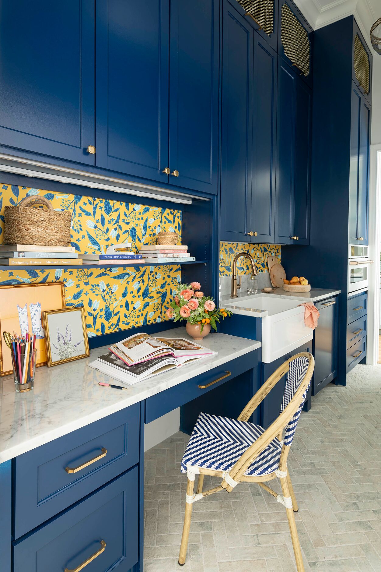 Blue cabinets and desk