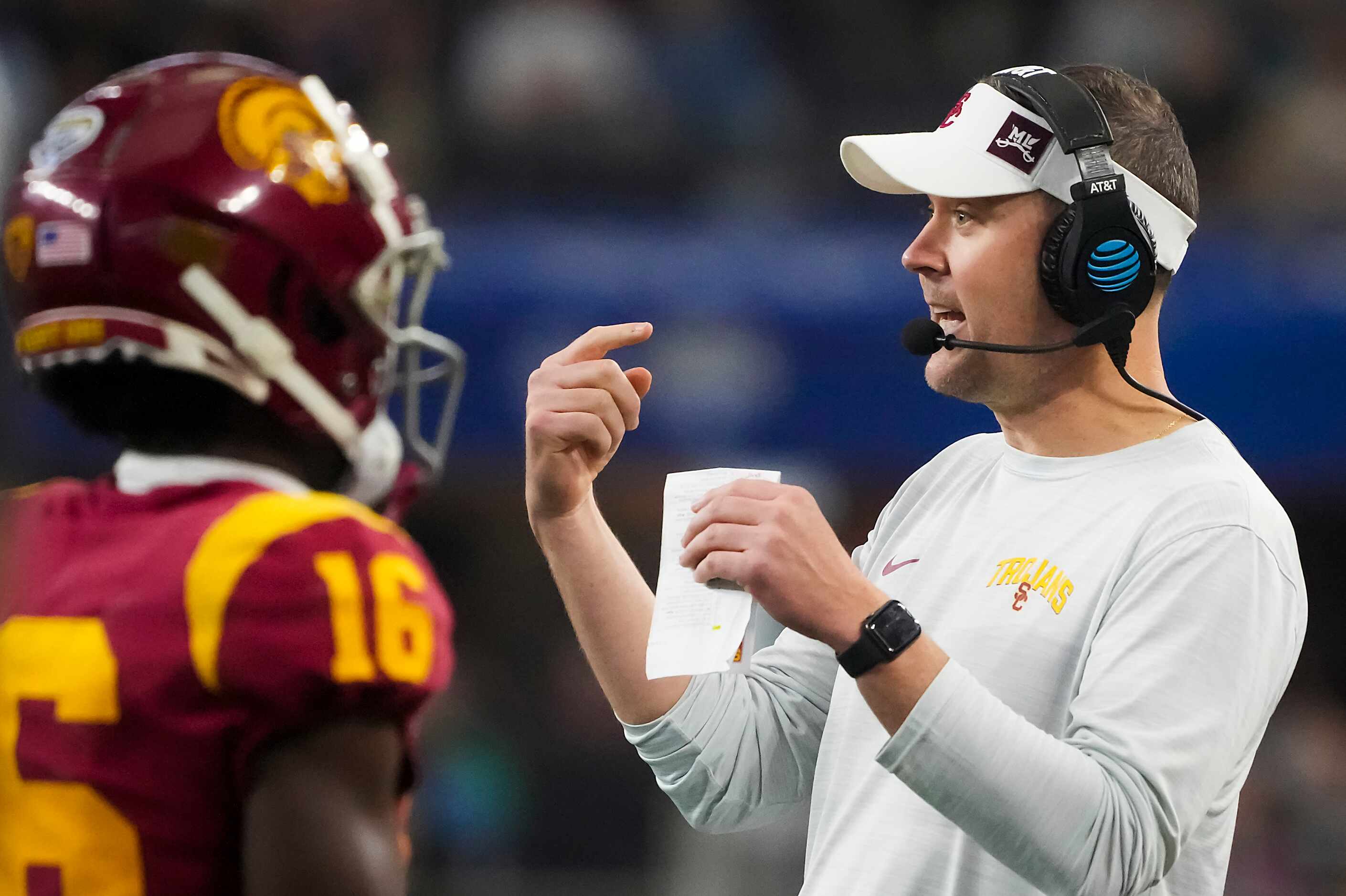 USC head coach Lincoln Riley reacts after a play during the first half of the Cotton Bowl...