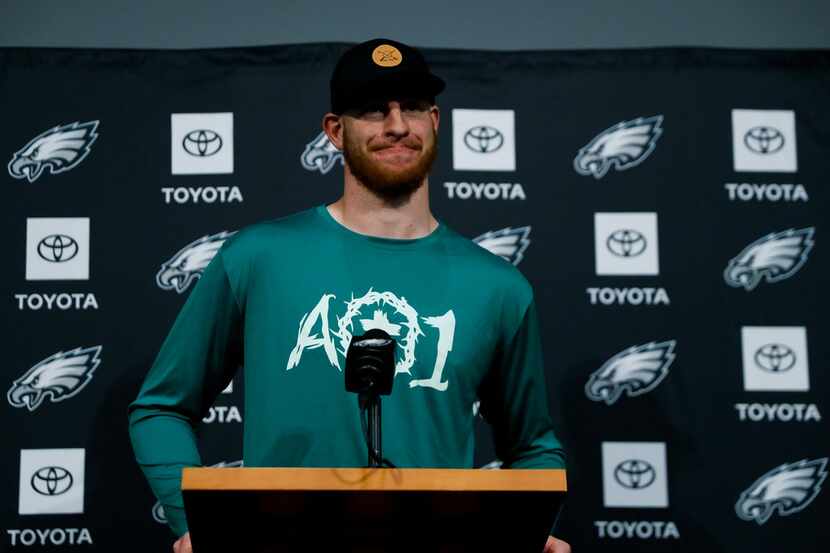 Philadelphia Eagles' Carson Wentz speaks during a news conference at the NFL football team's...