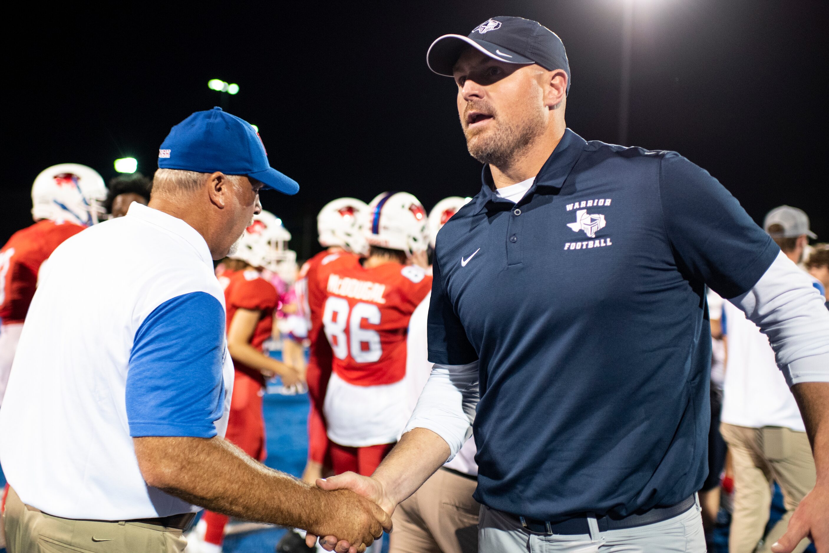 Argyle Liberty Christian Head Coach Jason Witten shakes hands with Parish Episcopal coaches...