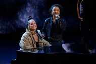 Alicia Keys, left, and 'Hell's Kitchen' cast member Maleah Joi Moon perform during the 77th...