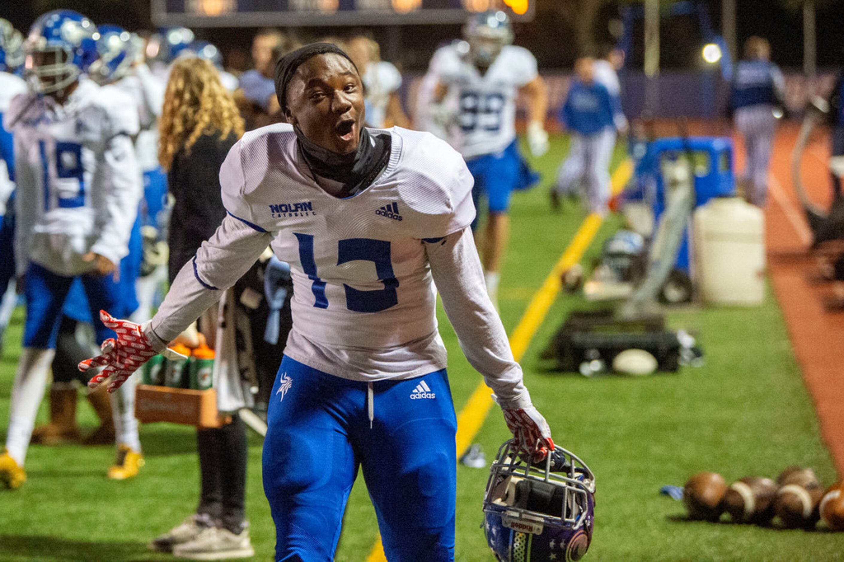 Fort Worth Nolan sophomore linebacker Jaden Kindles (13) celebrates a touchdown in the...