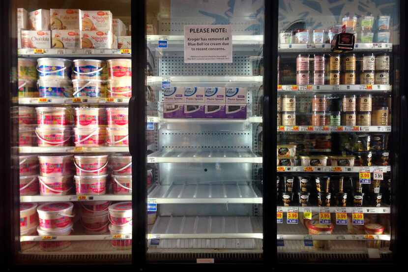  All Blue Bell ice cream products were pulled from the freezers at Kroger in Dallas,...