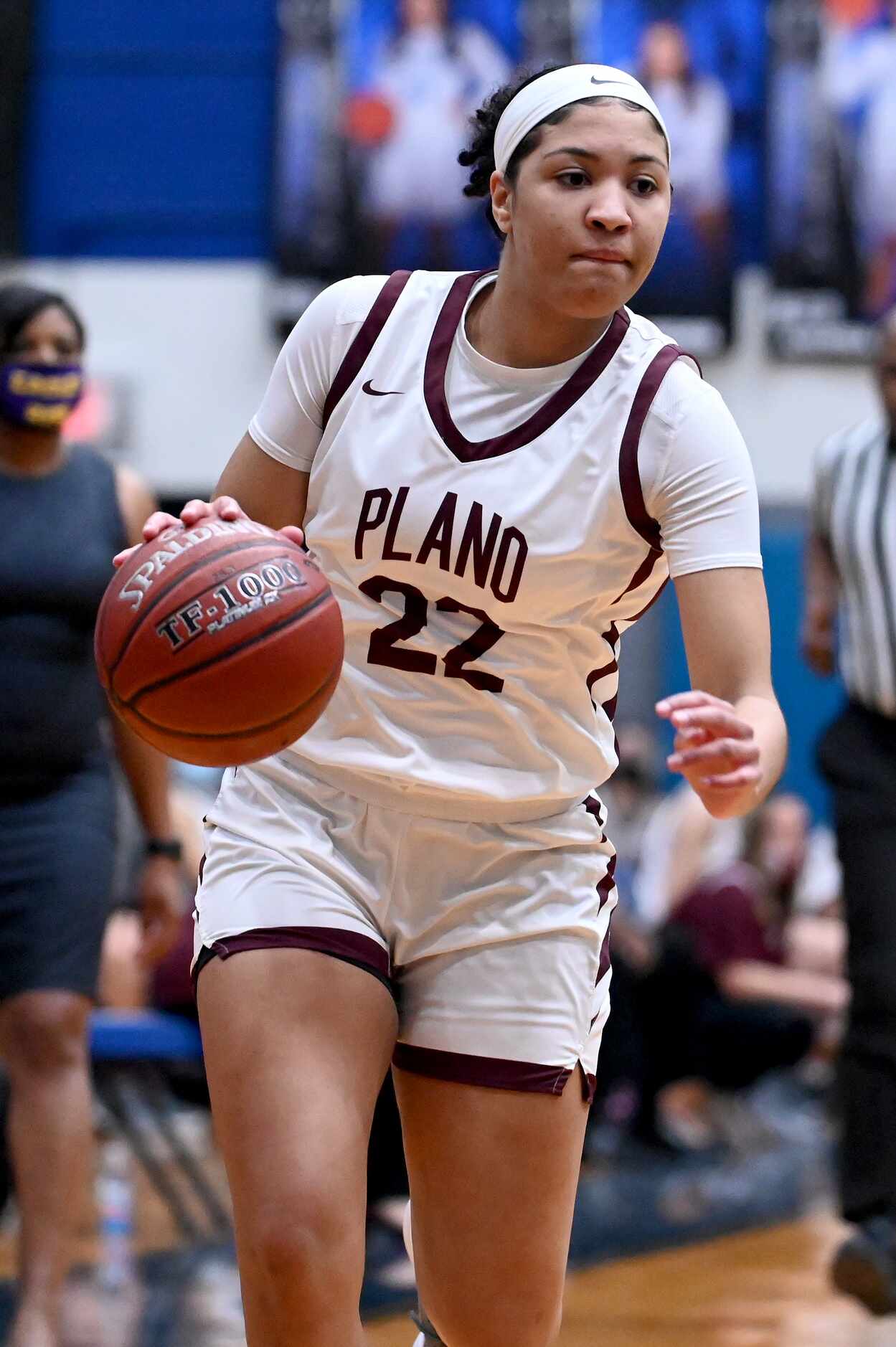 Plano’s Mikayla Eddins dribbles the ball in the first half of a Class 6A girls high school...